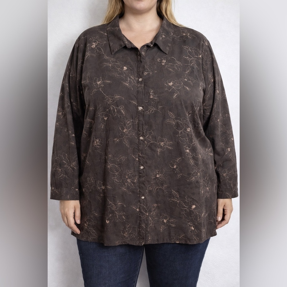 Sag Harbor Brown Floral Embroidered Blouse 3X Suede Feel Cuff Slit Casual Boho